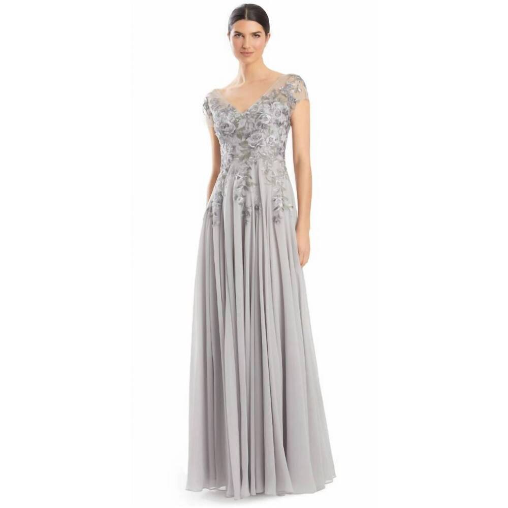 NEW ALEXANDER BY DAYMOR floral embroidered chiffon dress in meadow grey